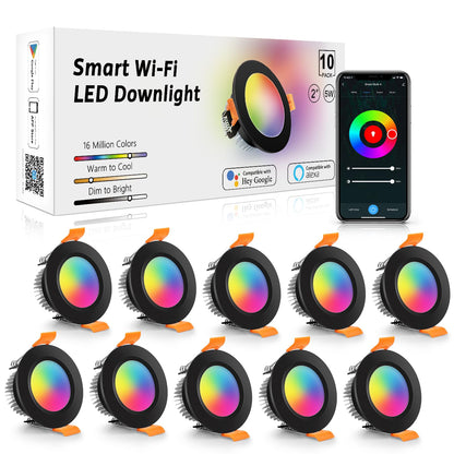 Smart WiFi Recessed LED Downlights – 2 Inch Dimmable RGB & Tunable White Ceiling Lights, Alexa & Google Compatible, 10-Pack