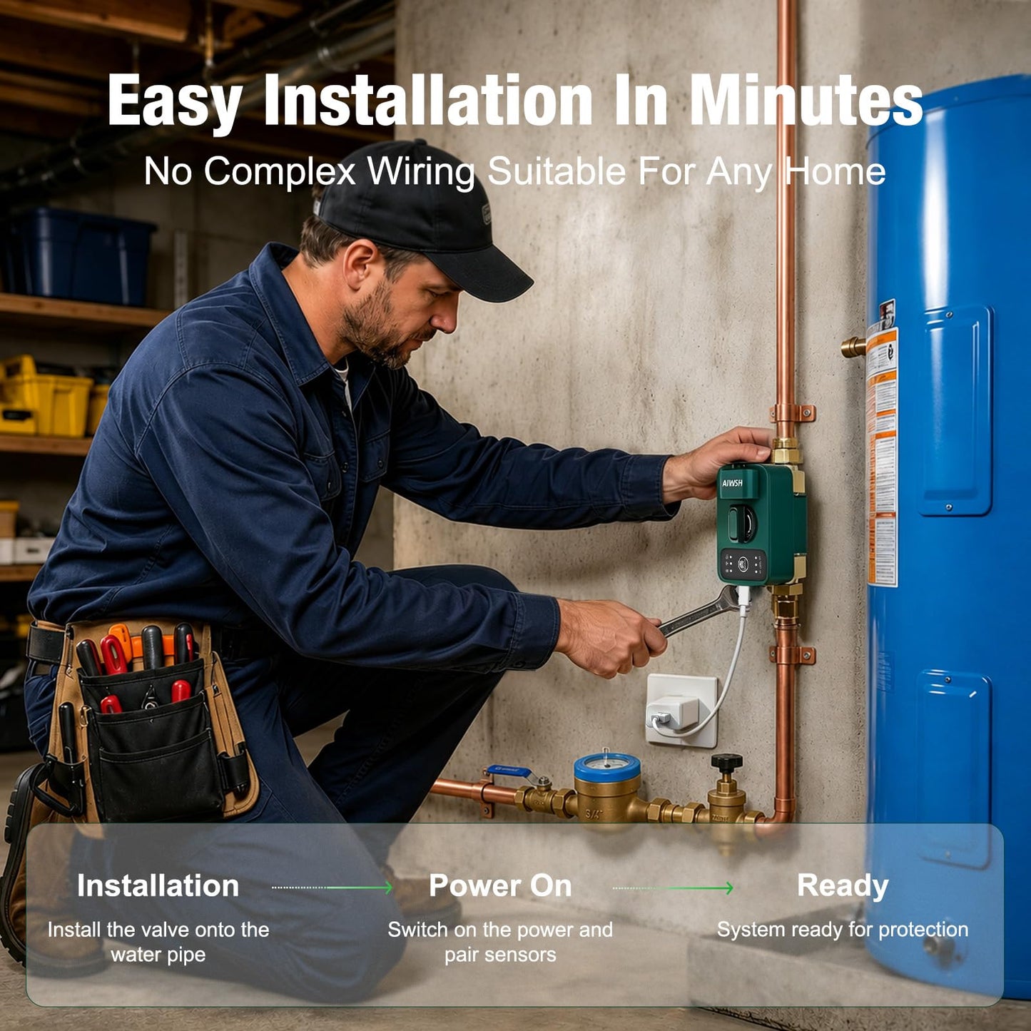 Smart Water Leak Detection & Automatic Shut-Off Valve System – Whole-Home Protection with Real-Time Leak Monitoring, LoRa Long-Range Coverage, Fits 3/4" & 1" Pipes