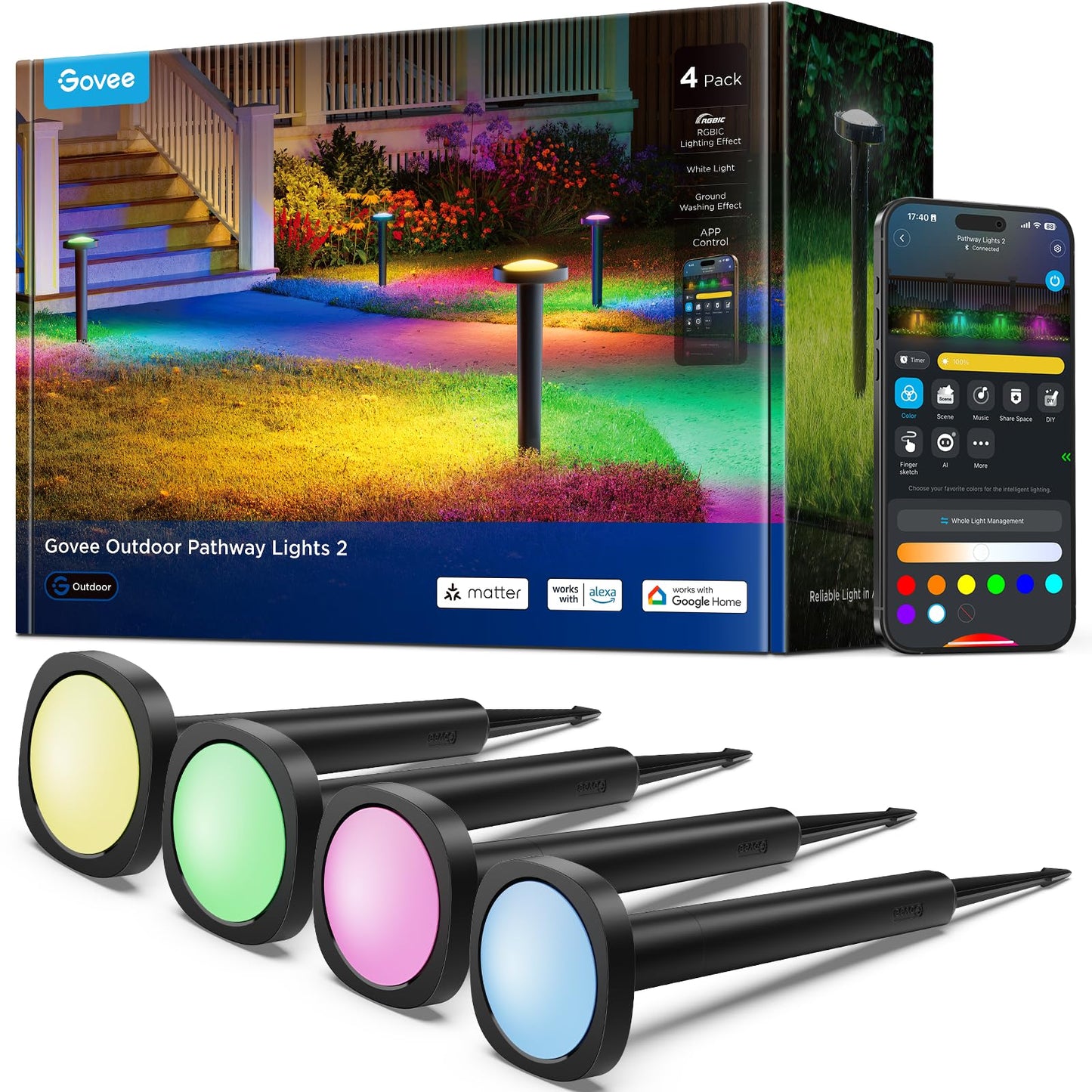 Smart Outdoor Pathway Landscape Lights – IP66 Waterproof LED Garden Lighting, Matter & Voice Control, 4-Pack