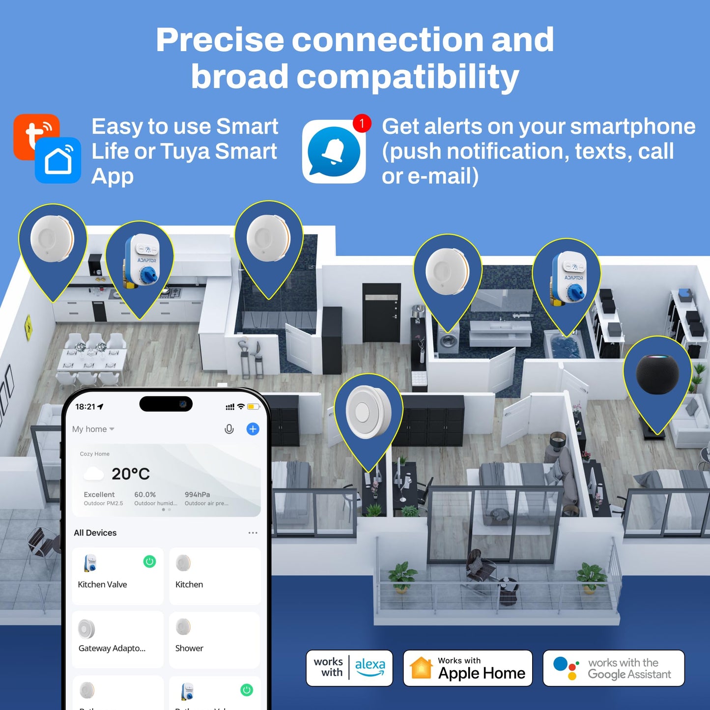Smart Zigbee Water Leak Protection System – Auto Shut-Off Valve with Hub & Leak Sensors, Whole-Home Water Safety System, Alexa & Google Compatible