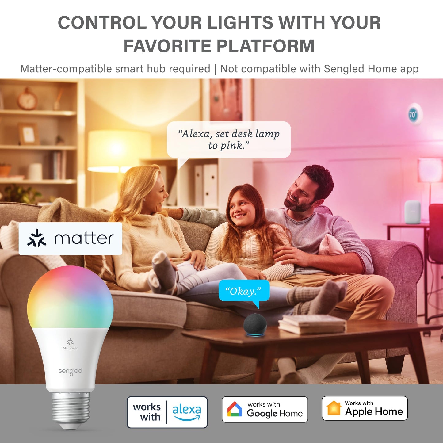 Matter Smart Multicolor LED Light Bulb (A19) – 60W Equivalent, Alexa Compatible, 800LM