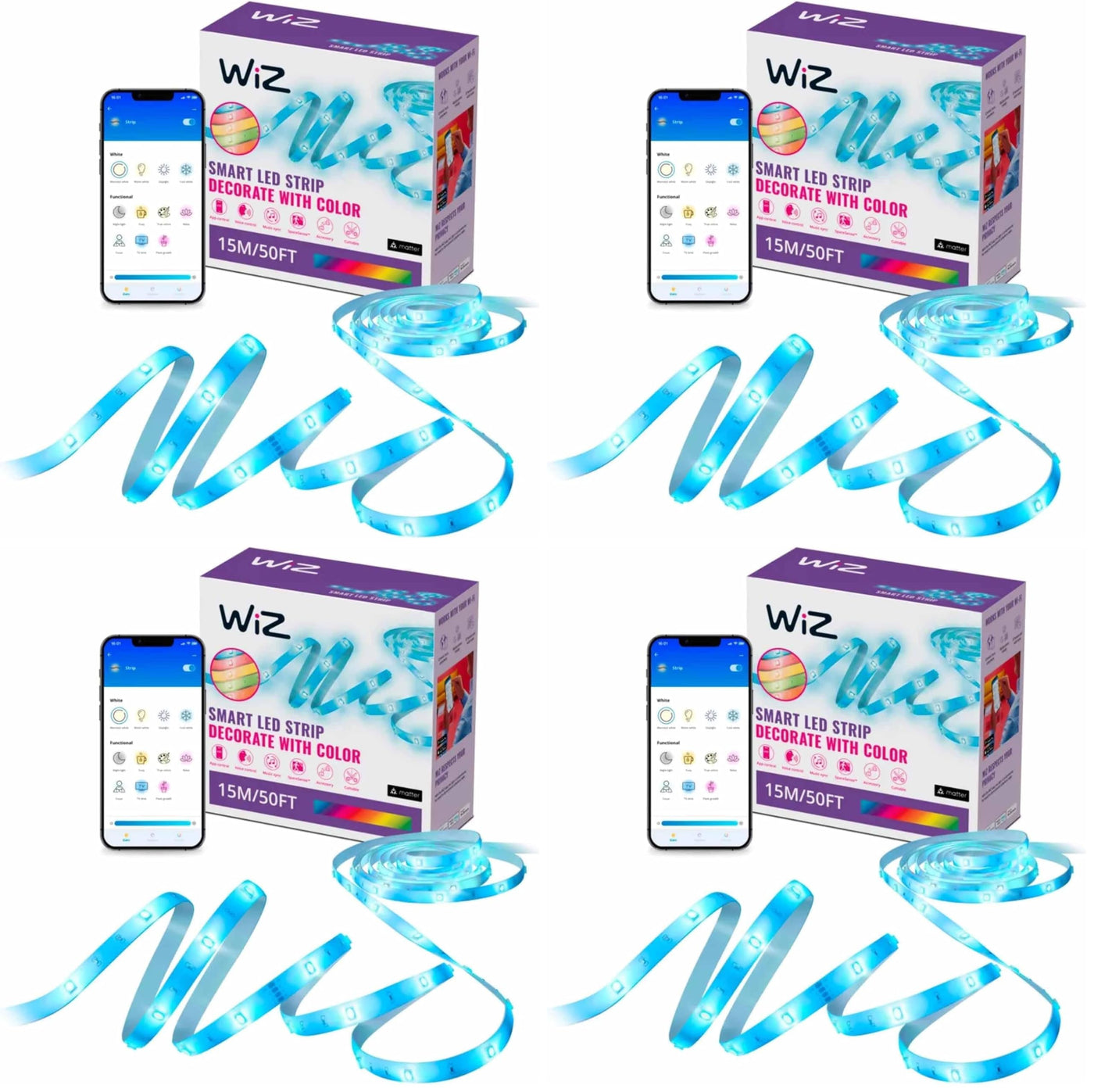 Smart RGB LED Light Strip – 50ft Cut-to-Fit, Voice & App Control, Multi-Mode Ambient Lighting (4-Pack)
