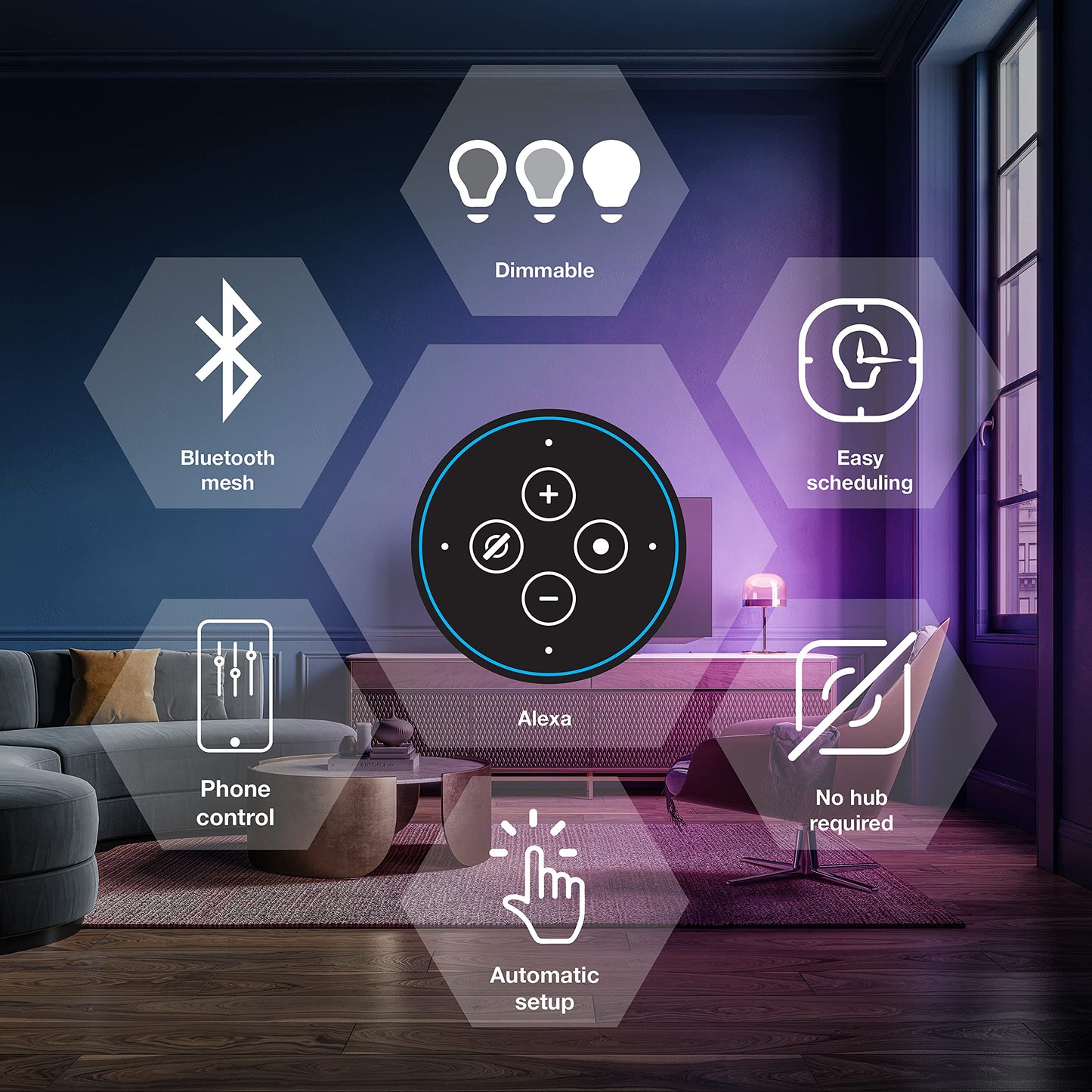 Smart Bluetooth Mesh A19 LED Light Bulbs – 60W Equivalent, Full Color & Dimmable, Alexa Compatible, 2-Pack